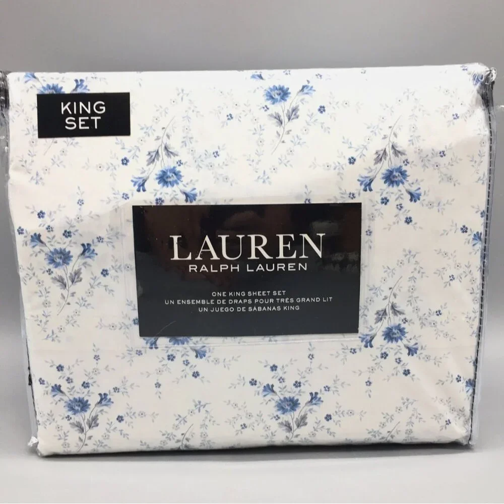 NEW 4pc Ralph Lauren Delicate Blue Gray Floral KING Sheet Set Cottage Country